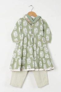 Girls Pastel Green White Buti Kurti With Green Striped Pant And Dupatta