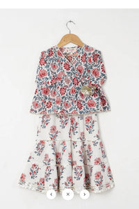 Girls White Floral Angrakha Kurti With White Floral Sharara