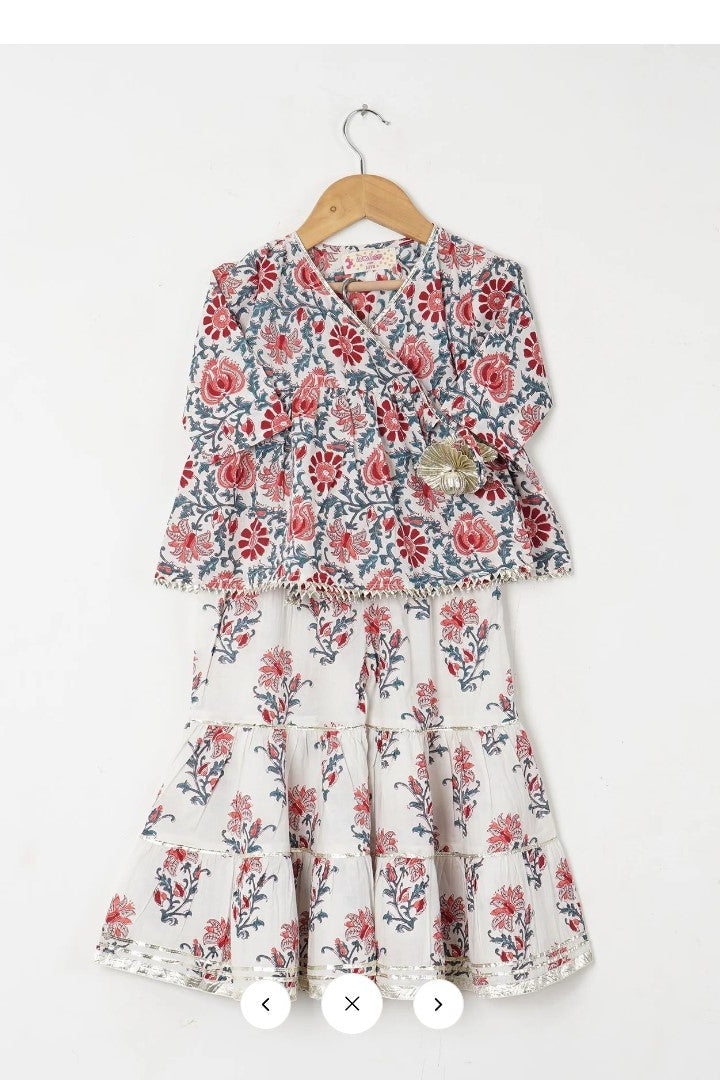 Girls White Floral Angrakha Kurti With White Floral Sharara