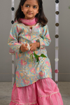 Girls Skyblue Floral Kurti With Pink Sharara And Dupatta
