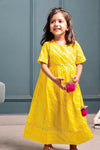 Girls Yellow Leheriya Ankle Length Ethnic Gota Dress With Pom Pom
