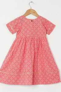 Girls Peach Bandhej Ankle Length Ethnic Gota Dress With Pom Pom