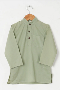 Boys Pastel Green White Buti Jacket With Green Kurta And White Pajama