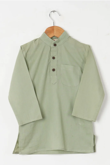Boys Pastel Green White Buti Jacket With Green Kurta And White Pajama