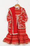 Ravishing Red - Girls Red Floral Yoke Kurti With Leheriya Sharara And Dupatta