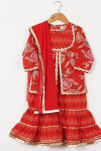 Ravishing Red - Girls Red Floral Yoke Kurti With Leheriya Sharara And Dupatta