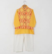 Boys Yellow Cotton Kurta With Yellow Floral Jacket And Off White Pajama