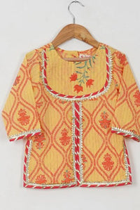 Girls Yellow Floral Yoke Kurti With Yellow Floral Sharara And Dupatta