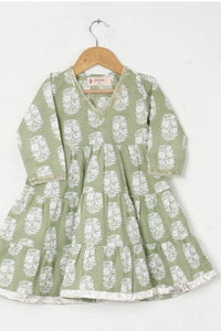 Girls Pastel Green White Buti Kurti With Green Striped Pant And Dupatta