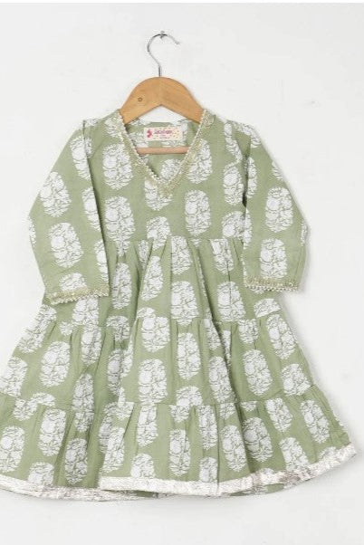 Girls Pastel Green White Buti Kurti With Green Striped Pant And Dupatta
