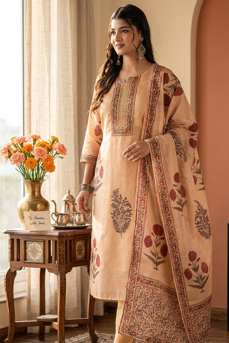 Woman in a traditional outfit standing in a room with a table and flowers.