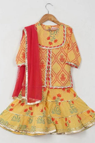 Girls Yellow Floral Yoke Kurti With Yellow Floral Sharara And Dupatta