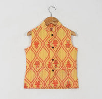 Boys Yellow Cotton Kurta With Yellow Floral Jacket And Off White Pajama