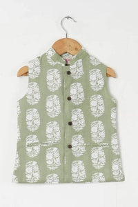 Boys Pastel Green White Buti Jacket With Green Kurta And White Pajama
