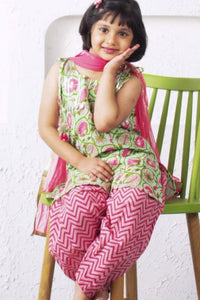 Green Floral Embroidered Kurti with Maroon Afghani Salwar and Dupatta