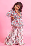 Girls White Floral Angrakha Kurti With White Floral Sharara