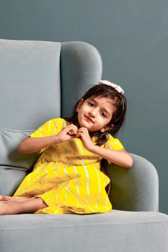 Girls Yellow Leheriya Ankle Length Ethnic Gota Dress With Pom Pom