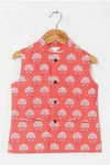 Boys Peach Floral Jacket With Peach Kurta And White Pajama