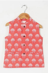 Boys Peach Floral Jacket With Peach Kurta And White Pajama