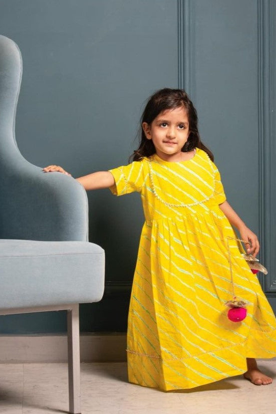 Girls Yellow Leheriya Ankle Length Ethnic Gota Dress With Pom Pom