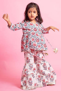 Girls White Floral Angrakha Kurti With White Floral Sharara