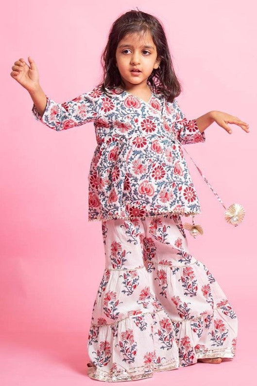 Girls White Floral Angrakha Kurti With White Floral Sharara