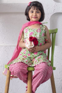 Green Floral Embroidered Kurti with Maroon Afghani Salwar and Dupatta