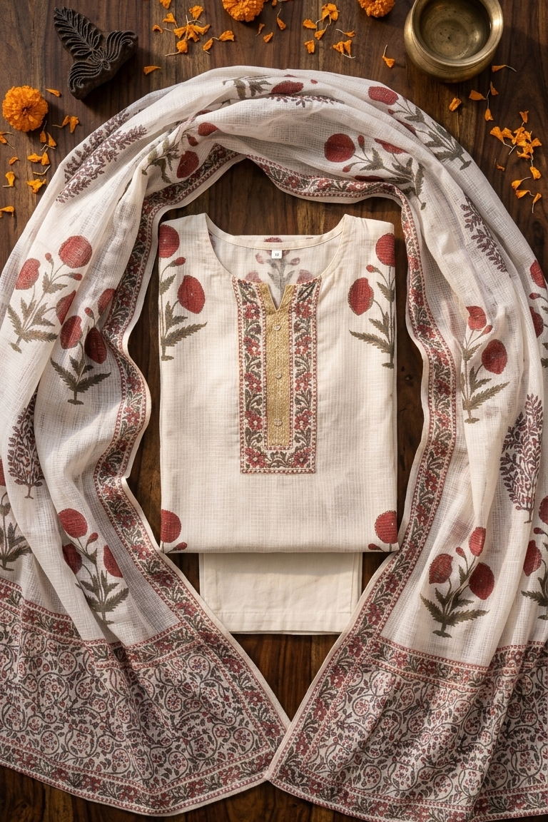 Traditional embroidered outfit with a matching dupatta on a wooden surface.