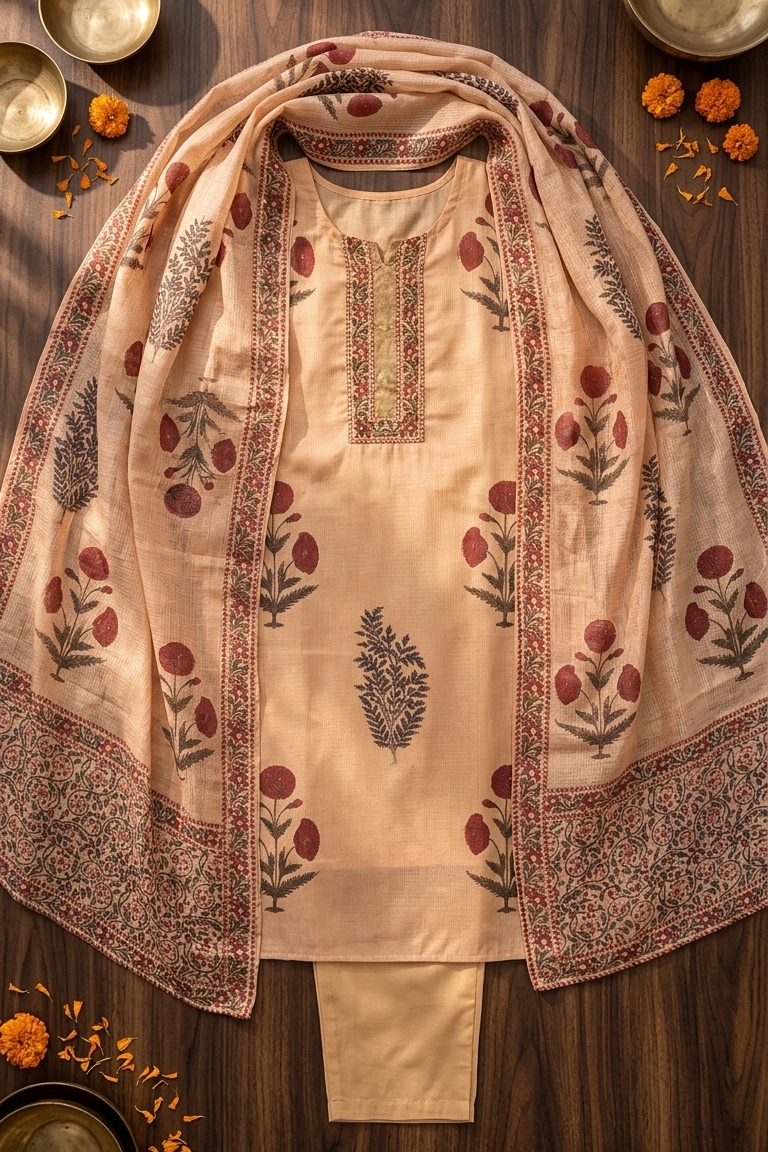 Traditional outfit with floral embroidery on a wooden surface