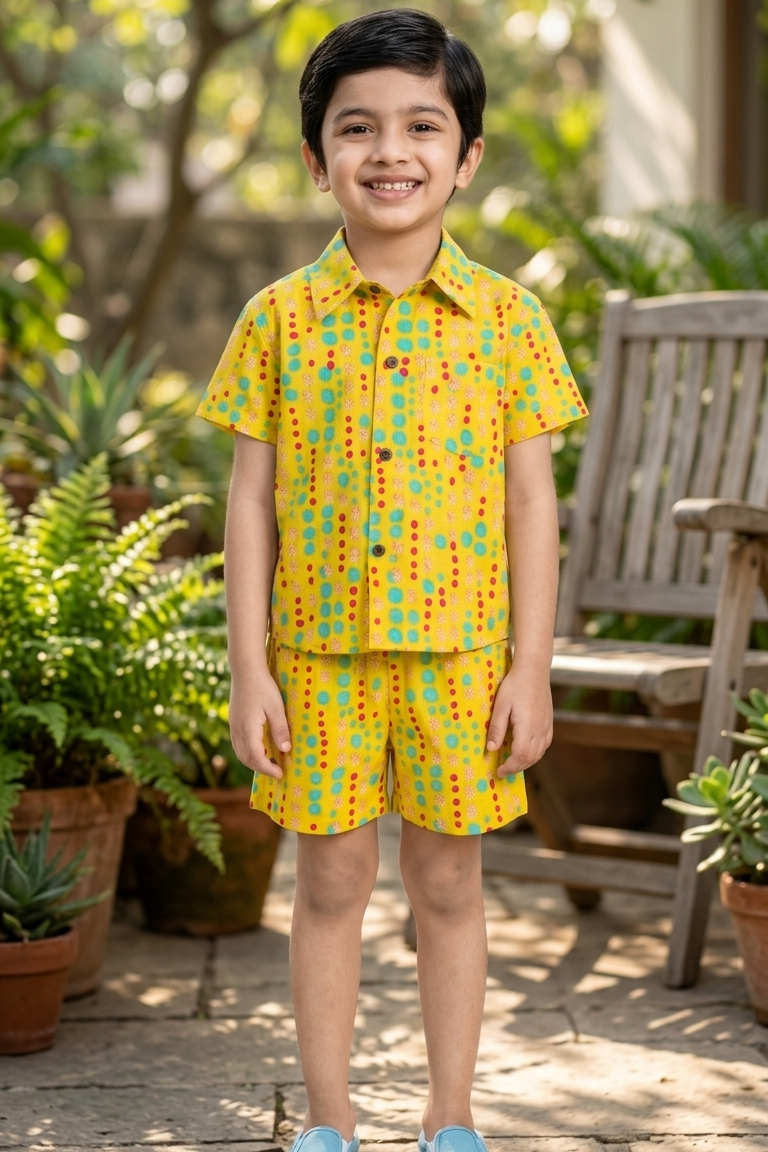 Child wearing a yellow pola dot co ord outfit standing outdoors with greenery in the background