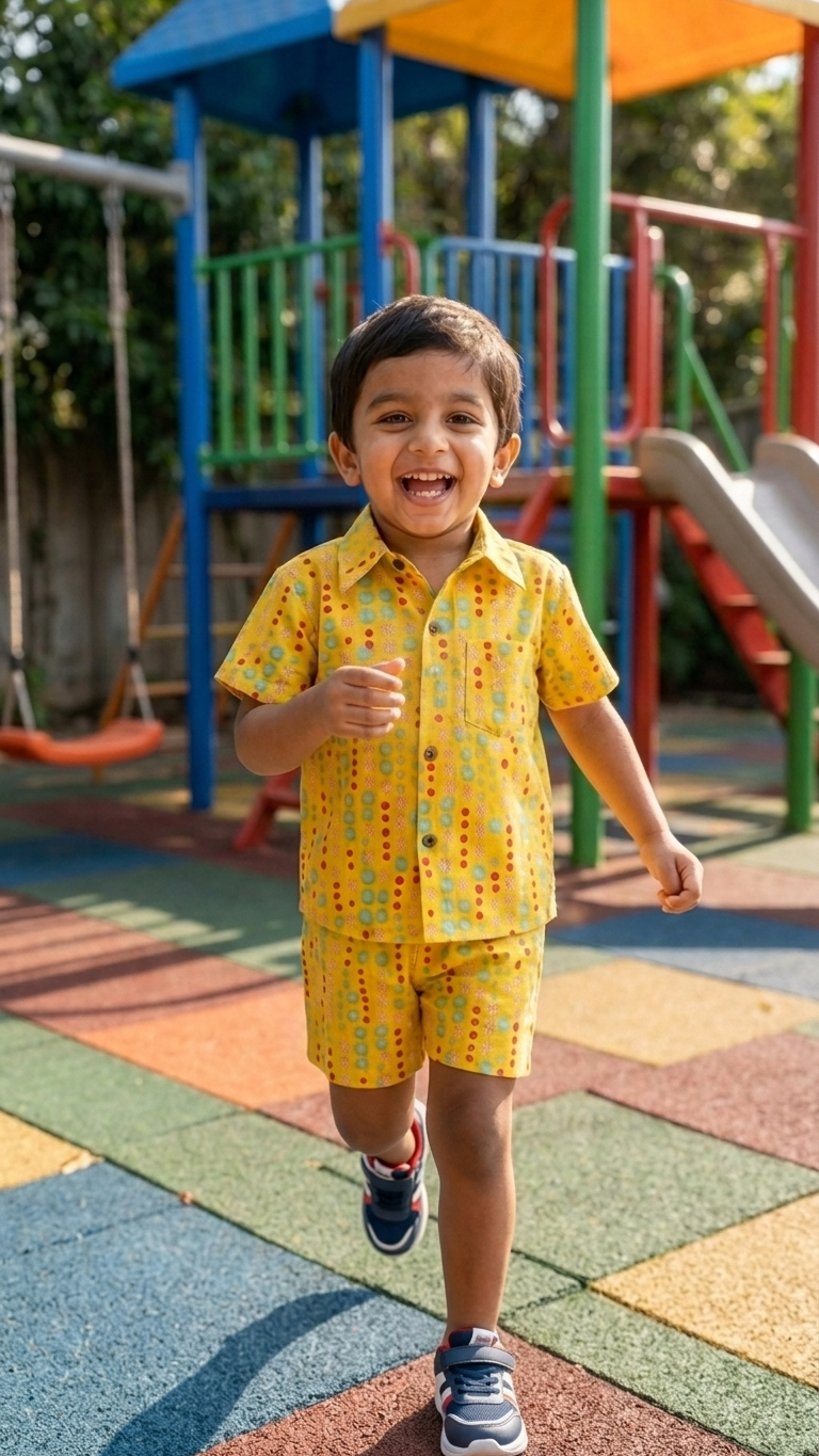 Child in a yellow outfit running on a playground with colorful equipment.
