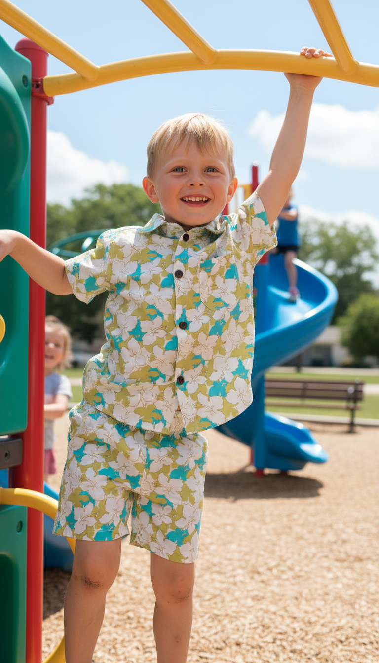 Boys Green & Blue Summer Floral Shirt with Shorts (Co-ord Set)