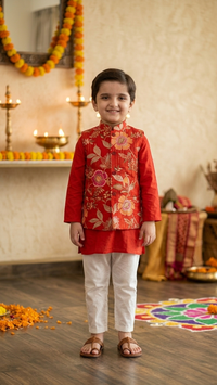 Red Royale – Boys Red Floral Jacket with Red Kurta and Off-White Pajama