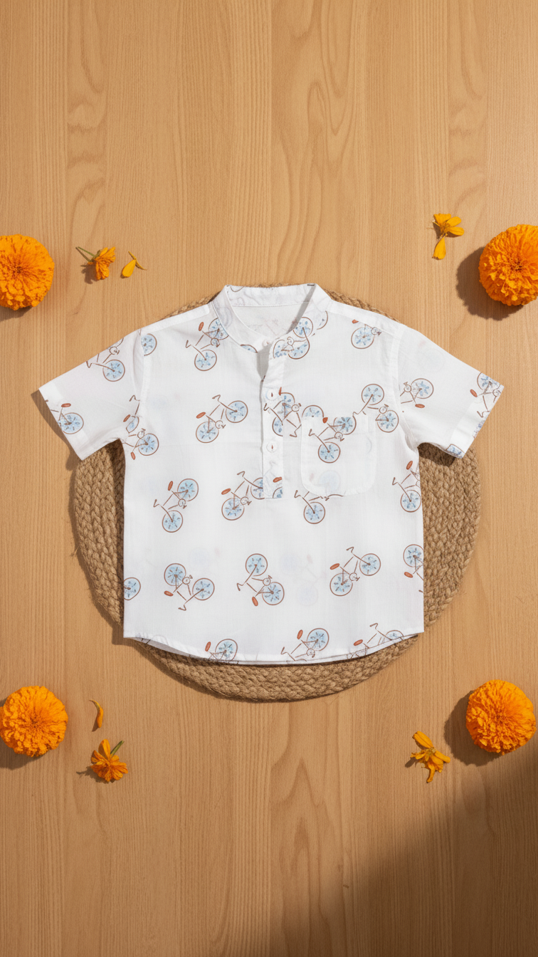 Boys White Cycle Half-Sleeve Shirt