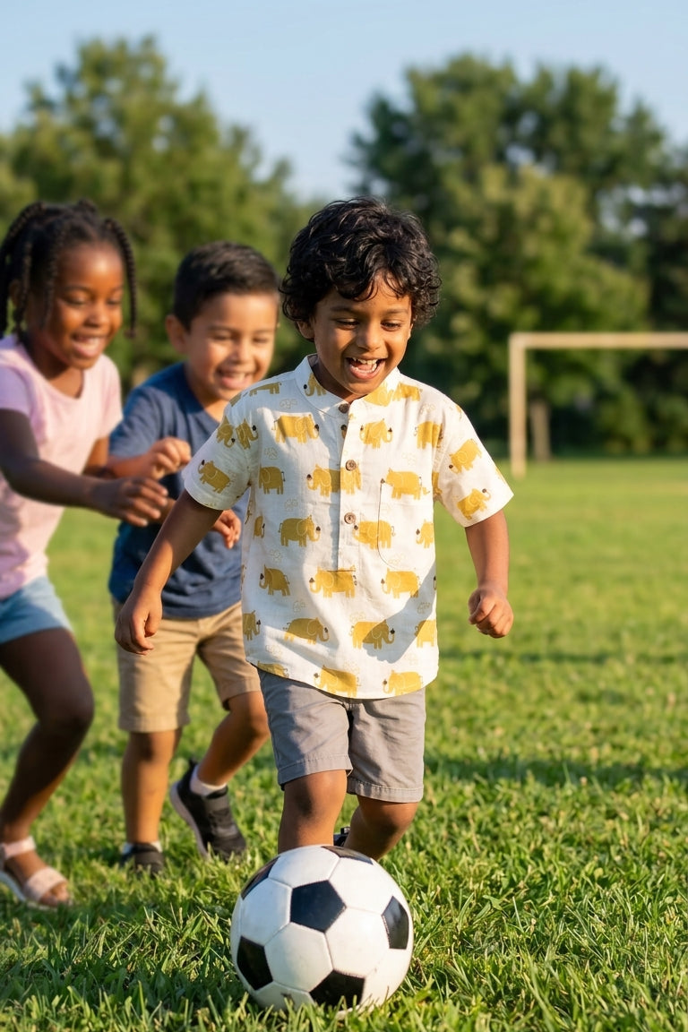 kid with yellow elephant shirt playing soccer on a grassy field with trees in the background