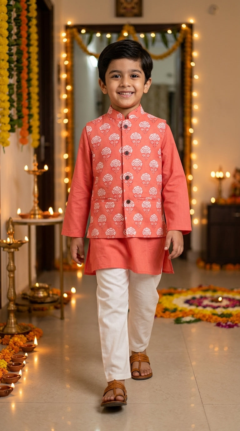 Boys Peach Floral Jacket With Peach Kurta And White Pajama