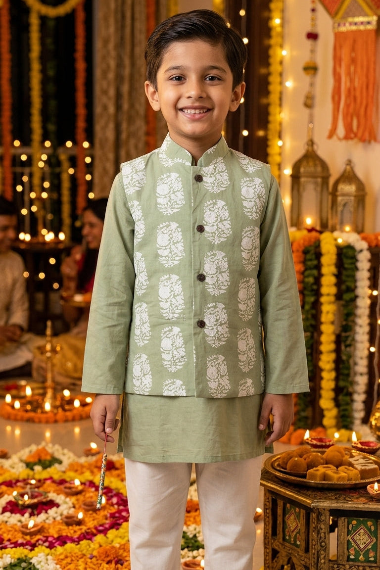 Young boy in green kurta pajama and jacket standing in a decorated indoor setting with lights and flowers.