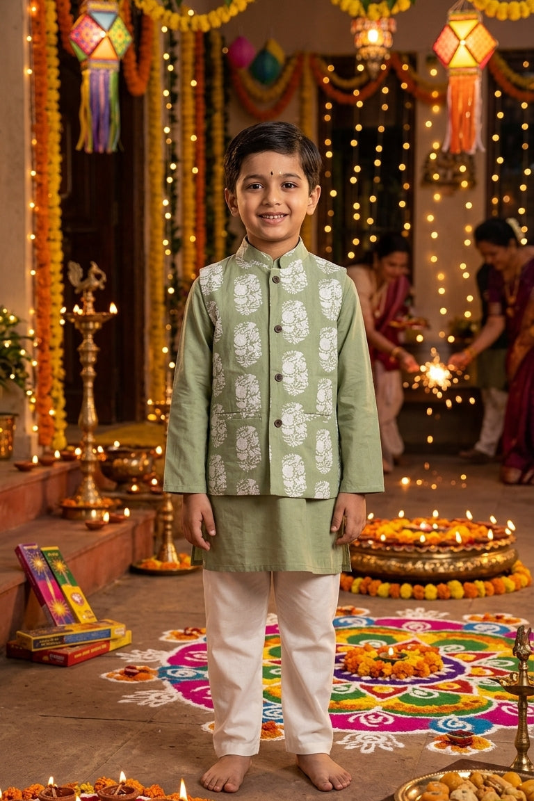 Boys Pastel Green White Buti Jacket With Green Kurta And White Pajama