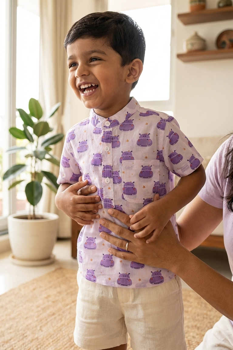 Child wearing a purple and white hippo patterned shirt with a person assisting them in a home setting.