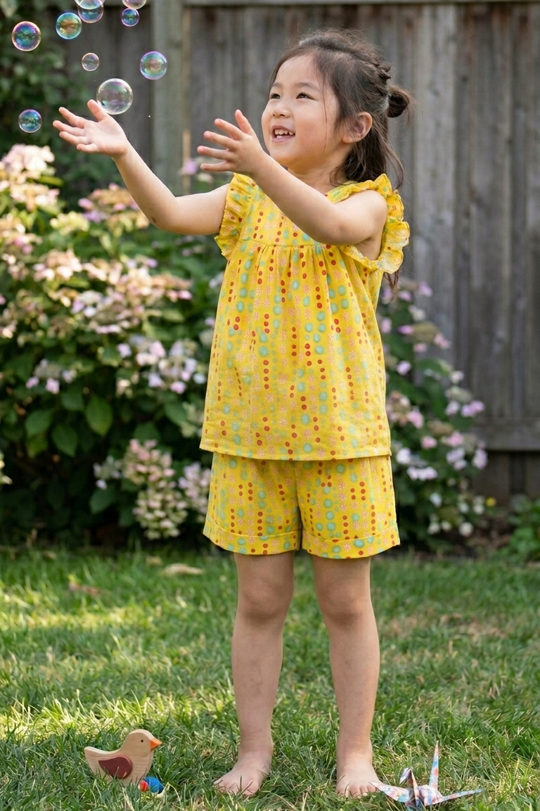 Child in a yellow polka dot co ord outfit playing with bubbles outdoors