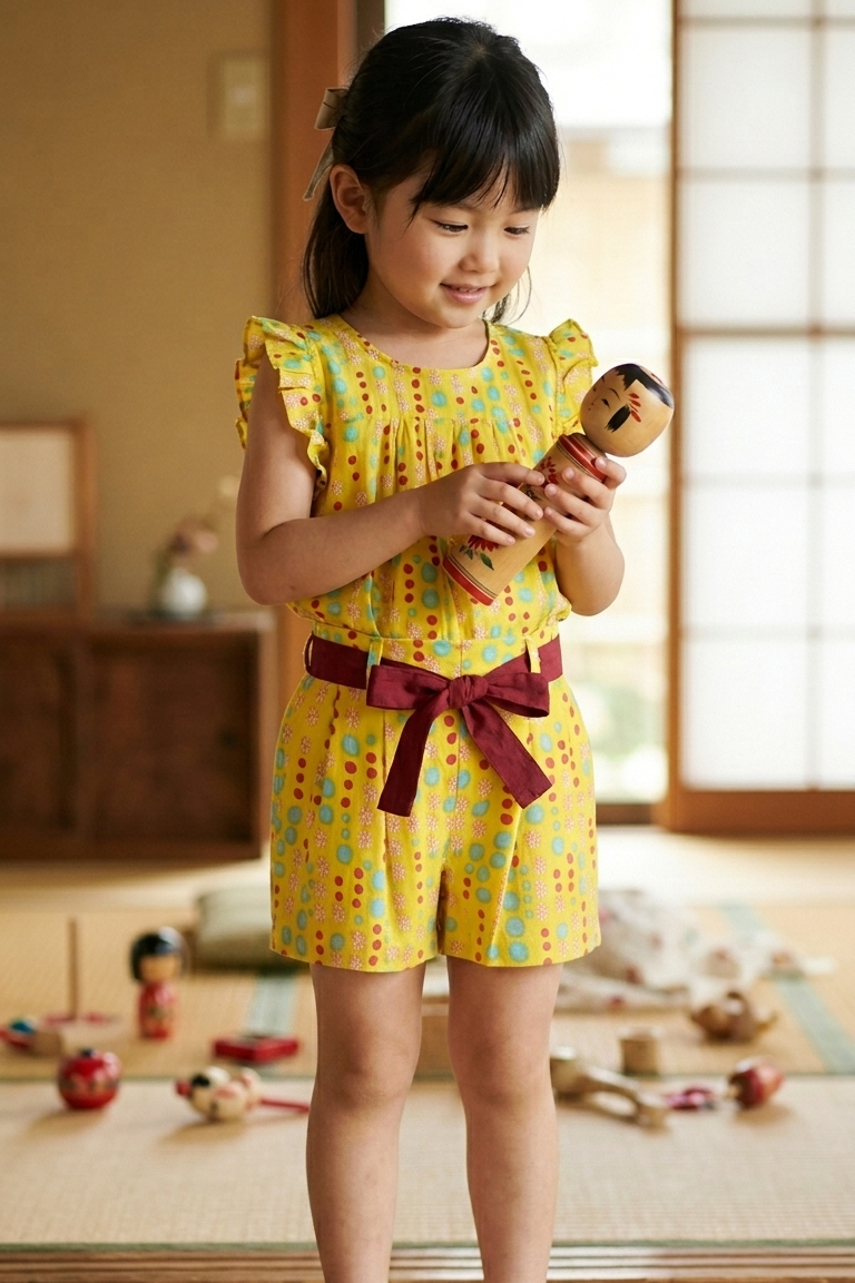 Young girl in a yellow polka dot co ord set holding a wooden toy indoors.